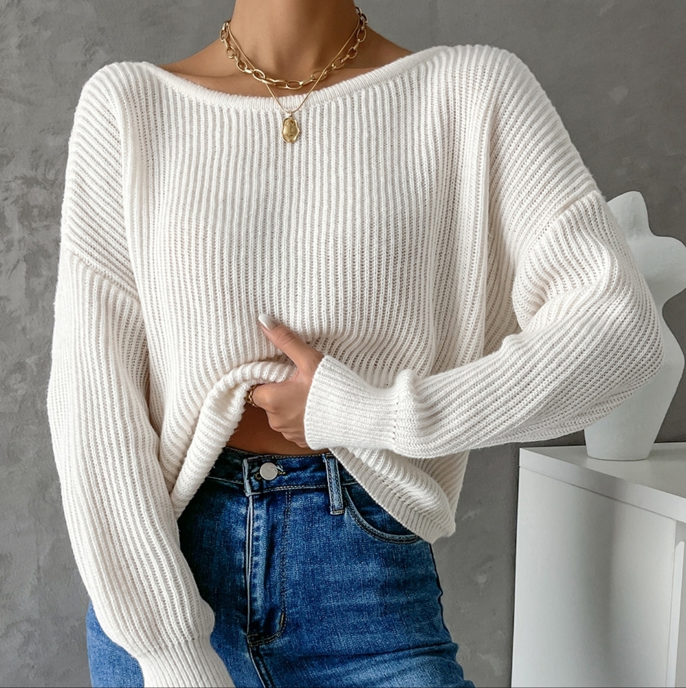 Twist Back Drop Shoulder Boat Neck Sweater - Picture 4 of 5